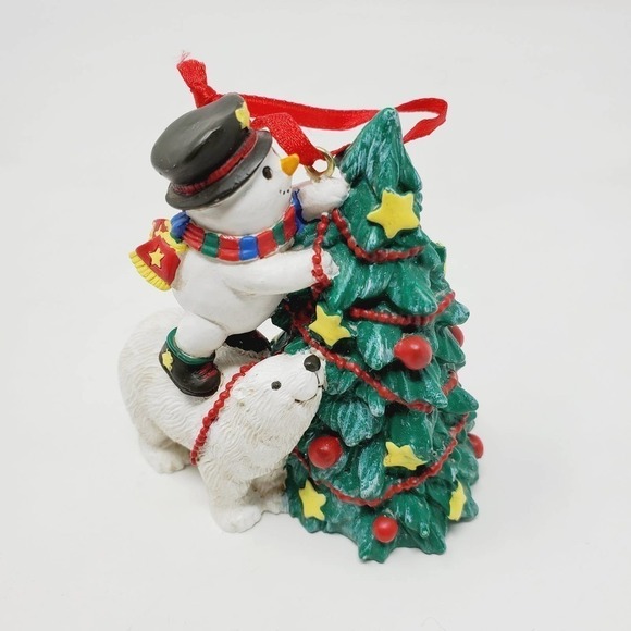 Snow Man and Bear Decorating Christmas Tree Ornament Resin Holiday Decor - Picture 1 of 7